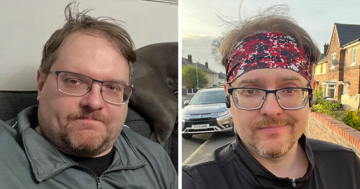 Before and after weight loss photos of a man showing major transformation using blood sweat tears and Ozempic.