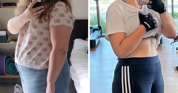 Side-by-side before and after photos showing major weight loss transformation with effort and Ozempic results.