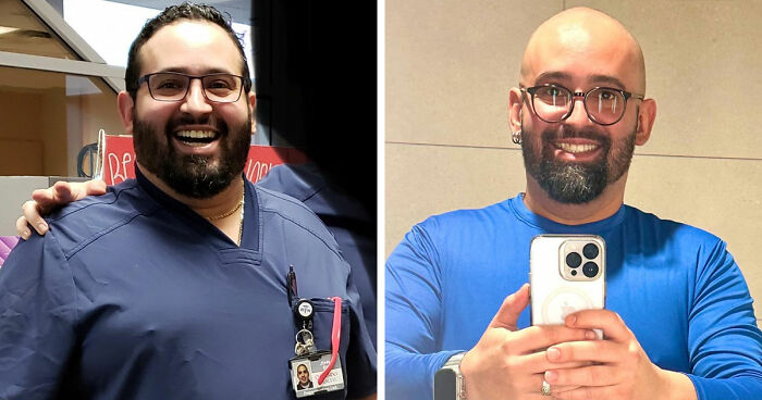 Before and after weight loss transformation of a man showing major changes using blood sweat tears and Ozempic.