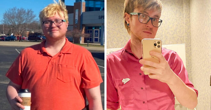 Side-by-side major weight loss transformation photos of a person showing results with blood, sweat, tears, and Ozempic.