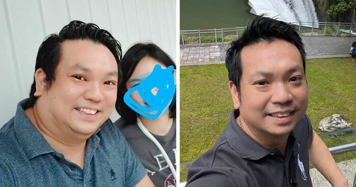 Before and after photo showing major weight loss transformation of a man using blood sweat tears and Ozempic.