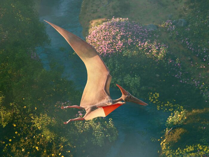 A flying pterosaur above a forest, illustrating dinosaur facts about prehistoric flying reptiles and their behavior.