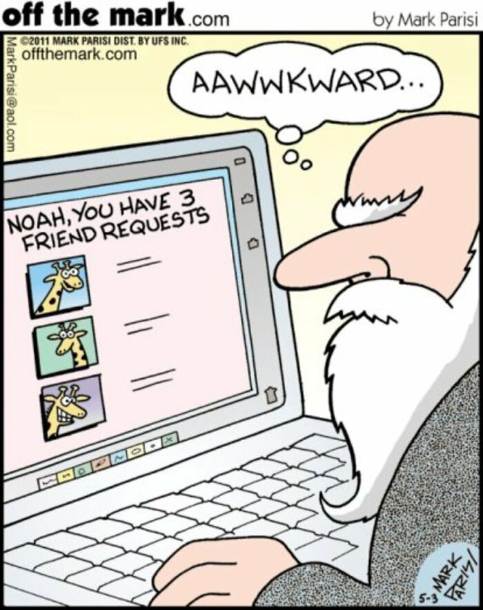 Old man Noah checking laptop with giraffe friend requests, feeling awkward in a funny Off The Mark comic by Mark Parisi.