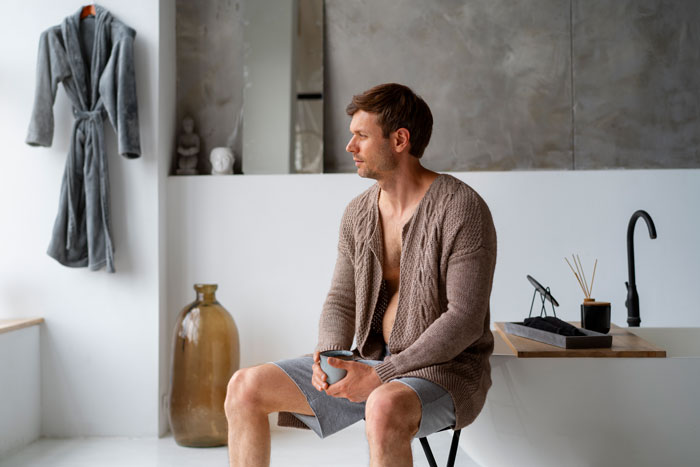 Man in casual sweater sitting thoughtfully in modern bathroom, reflecting on being caught in bathroom together during party. Man in casual sweater sitting thoughtfully in modern bathroom, reflecting on being caught in bathroom together during party.