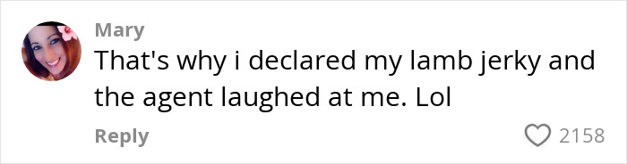 Comment from Mary about declaring food items to customs agents, sharing a personal experience with lamb jerky.