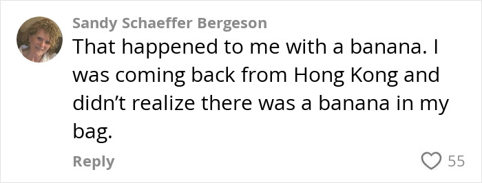 Comment by Sandy Schaeffer Bergeson sharing a travel story about K9 sniffing undeclared fruit in luggage.