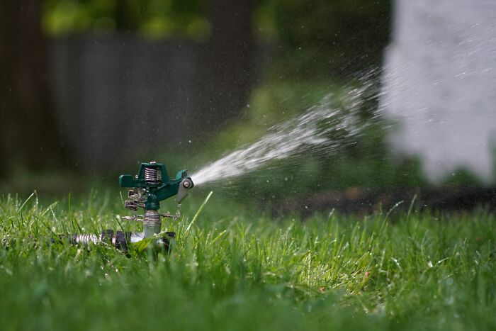 Sprinkler watering a green lawn outdoors on a sunny day representing police dragged into nonsense situations.