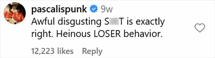 Screenshot of Pedro Pascal's Instagram comment defending his criticism of JK Rowling, using strong language.