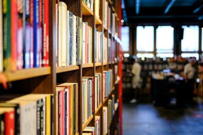 Books on shelves in a library with blurred background showing people, illustrating skills people online needed before the 2000s.