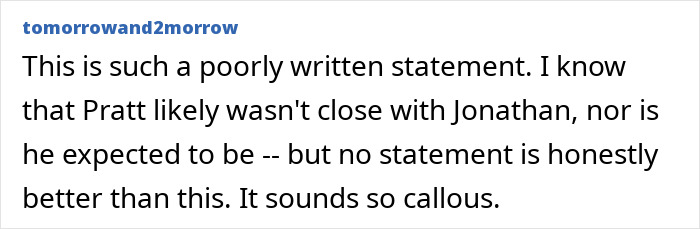 Screenshot of a social media comment criticizing Chris Pratt&rsquo;s callous tribute to a Parks and Rec co-star&rsquo;s passing.
