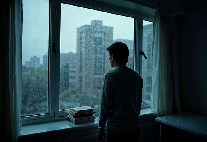 Person experiencing psychosis looking out a rainy window, reflecting on terrifying visions and feelings indoors at dusk.