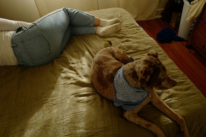 Person lying on bed next to a dog, illustrating themes of psychosis and mental health experiences.
