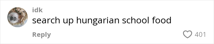 Comment on social media asking to search Hungarian school food, related to teens sharing what American school lunches look like.