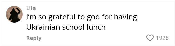 Comment from Liia expressing gratitude for having Ukrainian school lunch, relating to teens sharing what American school lunches look like.