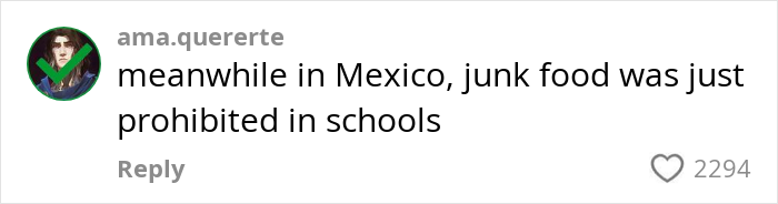 Comment on social media about junk food being banned in Mexican schools related to teens sharing American school lunches.