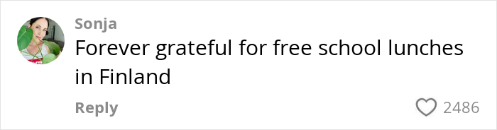 Comment from Sonja expressing gratitude for free school lunches in Finland, related to teens sharing American school lunches.