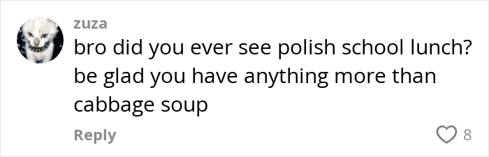 Teen sharing opinion on American school lunches compared to Polish school lunch featuring cabbage soup discussion.