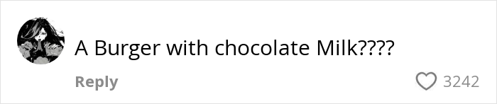 Social media comment questioning American school lunches, highlighting unusual meal combinations like a burger with chocolate milk.