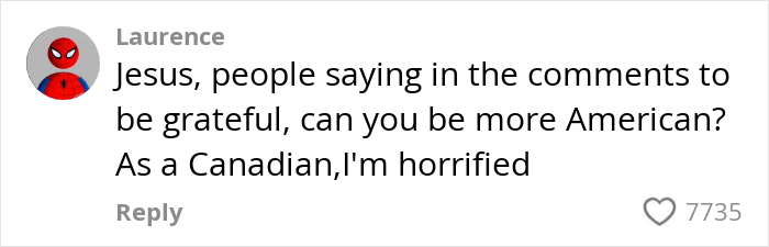 Comment from Laurence expressing horror about American school lunches, reflecting teens sharing their experiences.