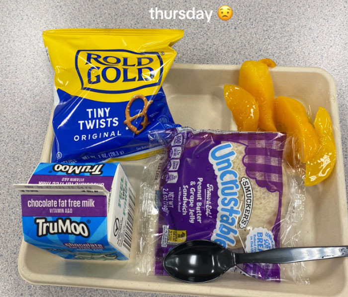 American school lunches with packaged peanut butter sandwich, pretzels, chocolate milk, and canned peach slices on a tray