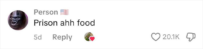 Comment on American school lunches humorously described as prison food, highlighting teens sharing their school lunch experiences.