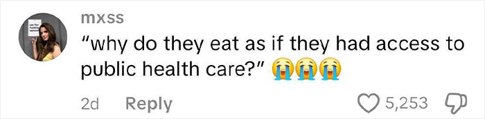 Comment on social media about American school lunches with crying emojis reacting to public health care access.