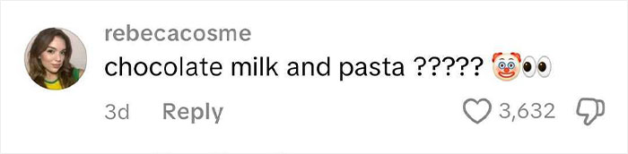 Comment on American school lunches reading chocolate milk and pasta with clown and eyes emojis, showing reactions.