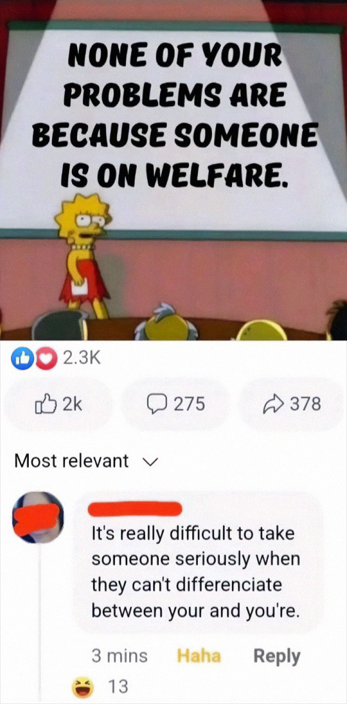 Animated character presenting a statement in an online group shaming overconfident know-it-alls who incorrectly correct others.