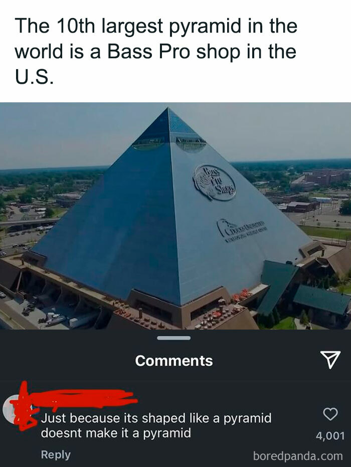 Bass Pro Shop pyramid in the U.S. with an overconfident comment incorrectly correcting the fact shown in the image.