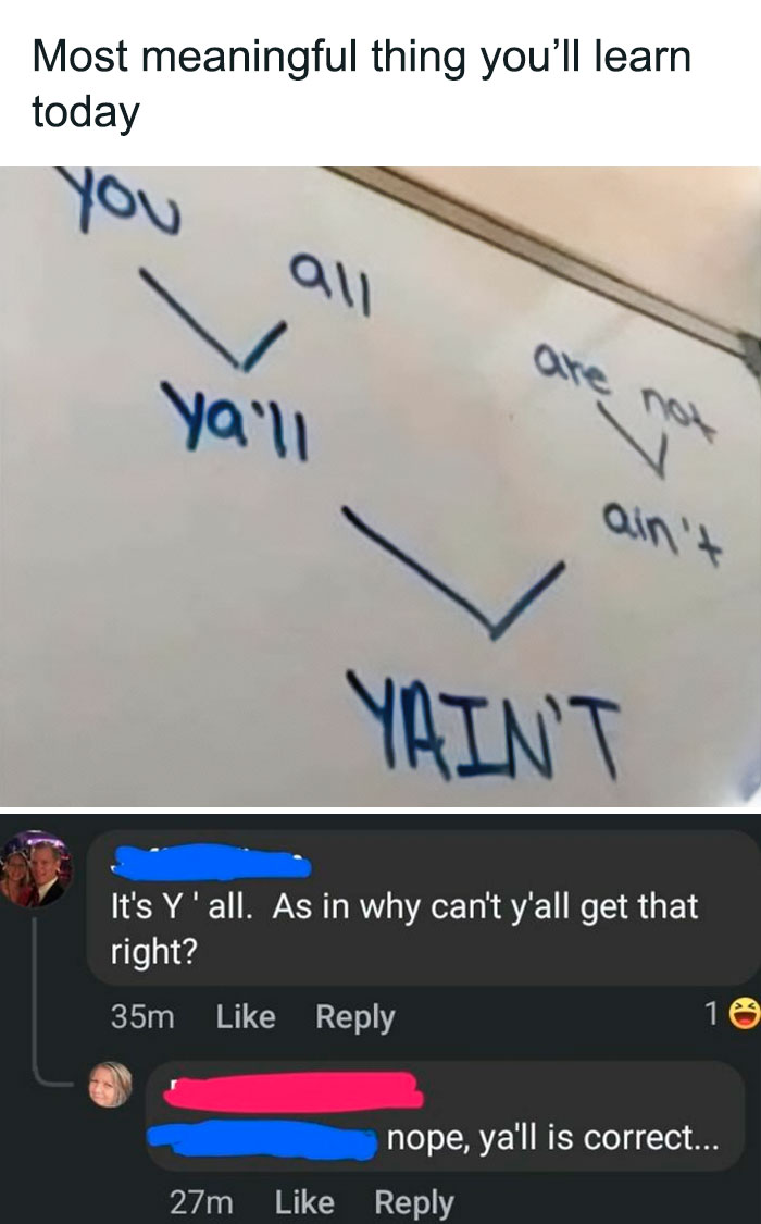 Diagram explaining contraction yain't with social media comments showing online group shaming overconfident know-it-alls correcting others.