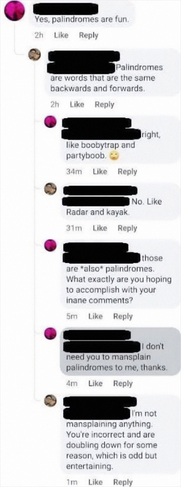 Social media thread showing overconfident know-it-alls incorrectly correcting others about palindromes online.