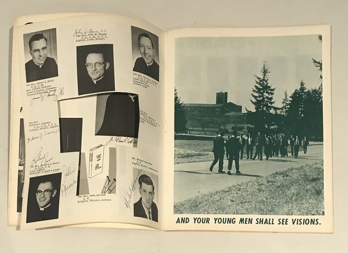 Open yearbook showing portraits of young men and clergy alongside a group walking outside, related to disturbing finds after death.