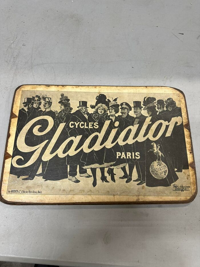 Vintage Gladiator Paris cycles tin box found in an unexpected place, an intriguing item from hidden walls or spaces.