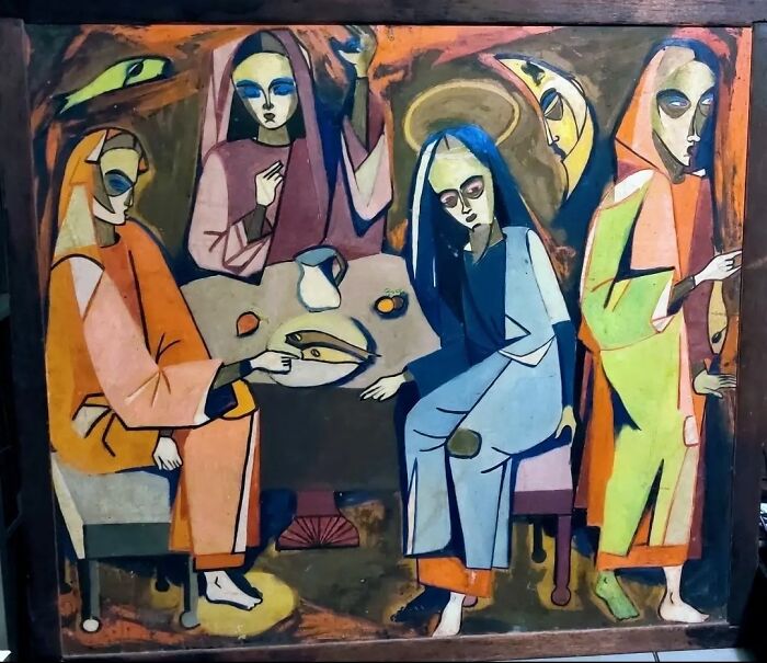 Abstract painting of confused figures at a table, representing things people found in their walls or other places mystery.
