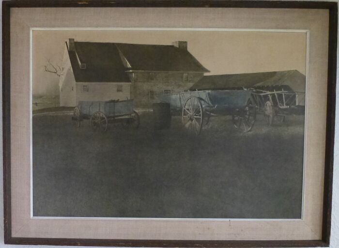 Vintage painting of old farm wagons and buildings, an example of things people found in their walls that really confused them