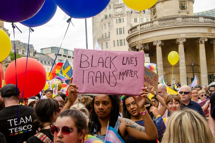 Crowd at a UK protest holding signs and balloons, reflecting diverse views about life and social issues in the UK.