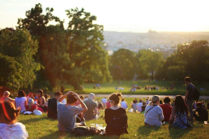 People relaxing on a sunny park hill with trees in the background, illustrating a completely normal thing causing irrational ick feelings.