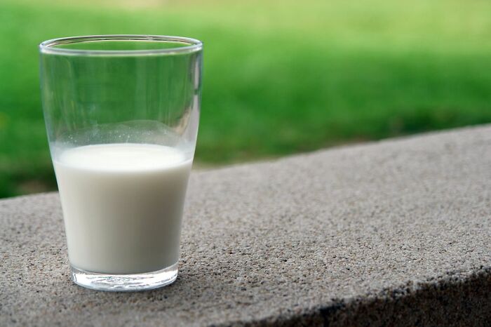 Glass of milk placed on a concrete ledge with a blurred grassy background representing unhinged revenge ideas.