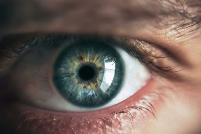 Close-up of a human eye with detailed iris patterns, evoking the unsettling feeling from scary Wikipedia articles.