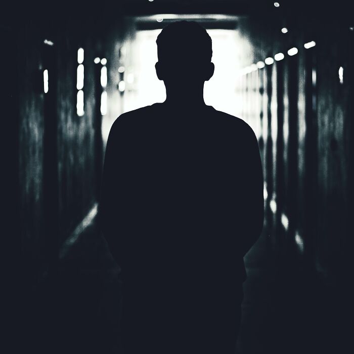 Silhouette of a person standing in a dark, eerie hallway with unsettling lighting and mysterious shadows.