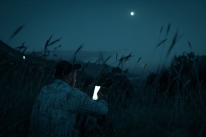 Person sitting alone in tall grass at night, looking at phone under the moonlight, exploring unresolved personal mysteries.