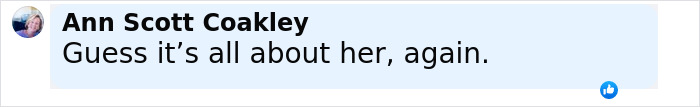 Alt text: Comment from Ann Scott Coakley saying guess it’s all about her again in a social media post about Ivanka Trump and Jeff Bezos wedding location. Alt text: Comment from Ann Scott Coakley saying guess it’s all about her again in a social media post about Ivanka Trump and Jeff Bezos wedding location.