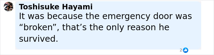 Comment by Toshisuke Hayami discussing how a broken emergency door was the key reason for surviving the Air India incident.