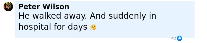 Comment by Peter Wilson expressing shock about someone suddenly being hospitalized for days, related to Air India survivor's guilt.