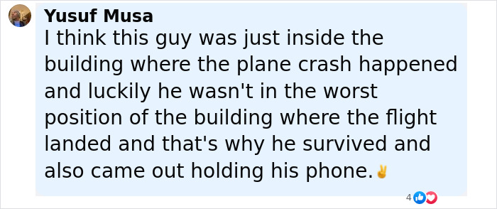 Screenshot of a social media comment from an Air India survivor describing the moment of the plane crash and his survivor's guilt.