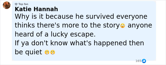 Comment from Katie Hannah expressing skepticism about a survivor's story and mentioning survivor's guilt.