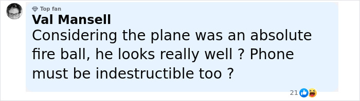 Facebook comment by Val Mansell questioning the condition of a phone after an Air India plane fireball incident.