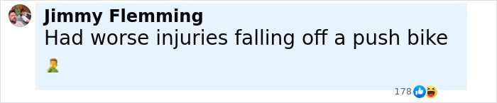 Comment by Jimmy Flemming about injuries from falling off a push bike, with 178 reactions including likes and laughter emojis.
