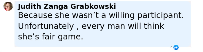 Comment from Judith Zanga Grabkowski discussing unwilling participation and fairness in a social media post about assault allegations.