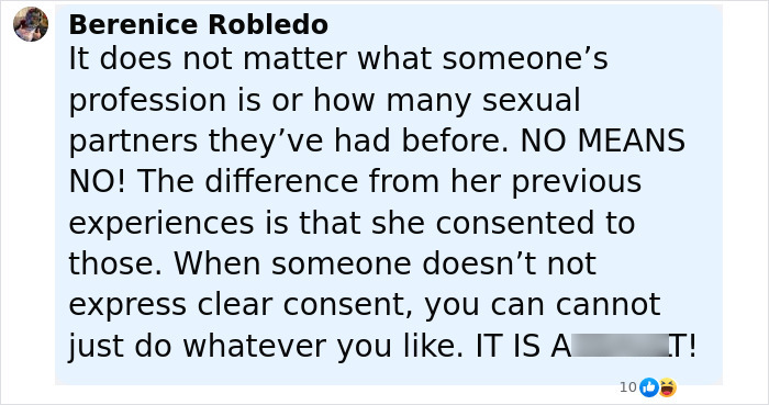 Screenshot of a social media comment discussing consent and assault related to a woman with multiple sexual partners.